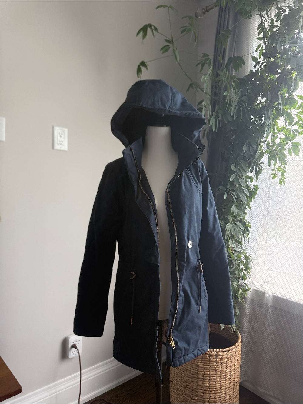 Men's Hooded Navy Raincoat with Zip & Snap Front